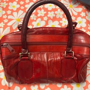 Vintage Red Eel Skin Leather Double Handle Satchel & Shoulderbag Purse Korea NEW